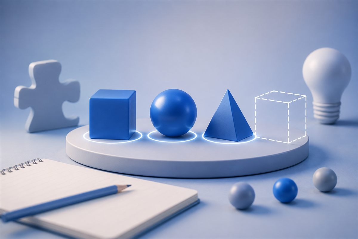 Three blue 3D shapes on a podium next to a notebook, pencil and lightbulb