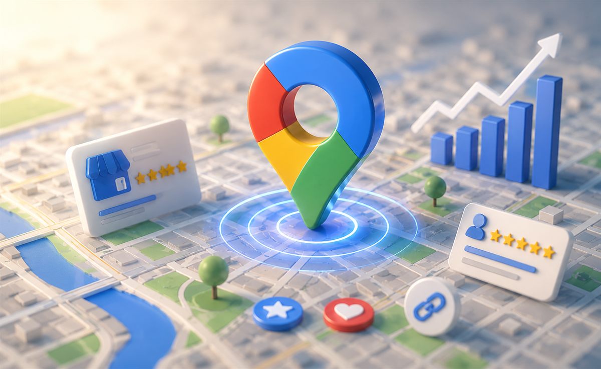 A 3D map with a Google Maps pin, business profile and star reviews