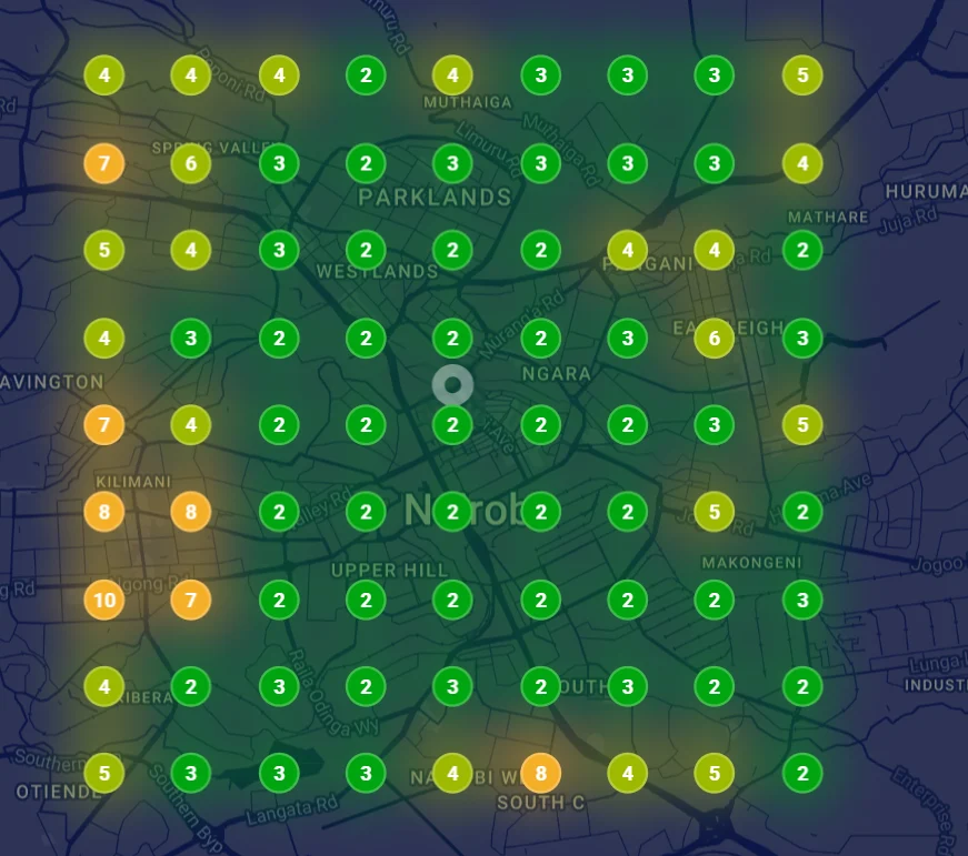 The same scan under 8 weeks later. Most checkpoints are now green in the top 3, with amber only on the western edge.