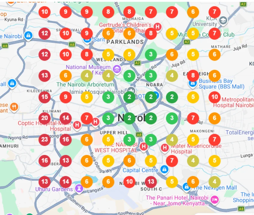 Ranking scan of Nairobi before the work. Most of the 81 checkpoints are red and amber, with only a small green pocket near the shop itself.