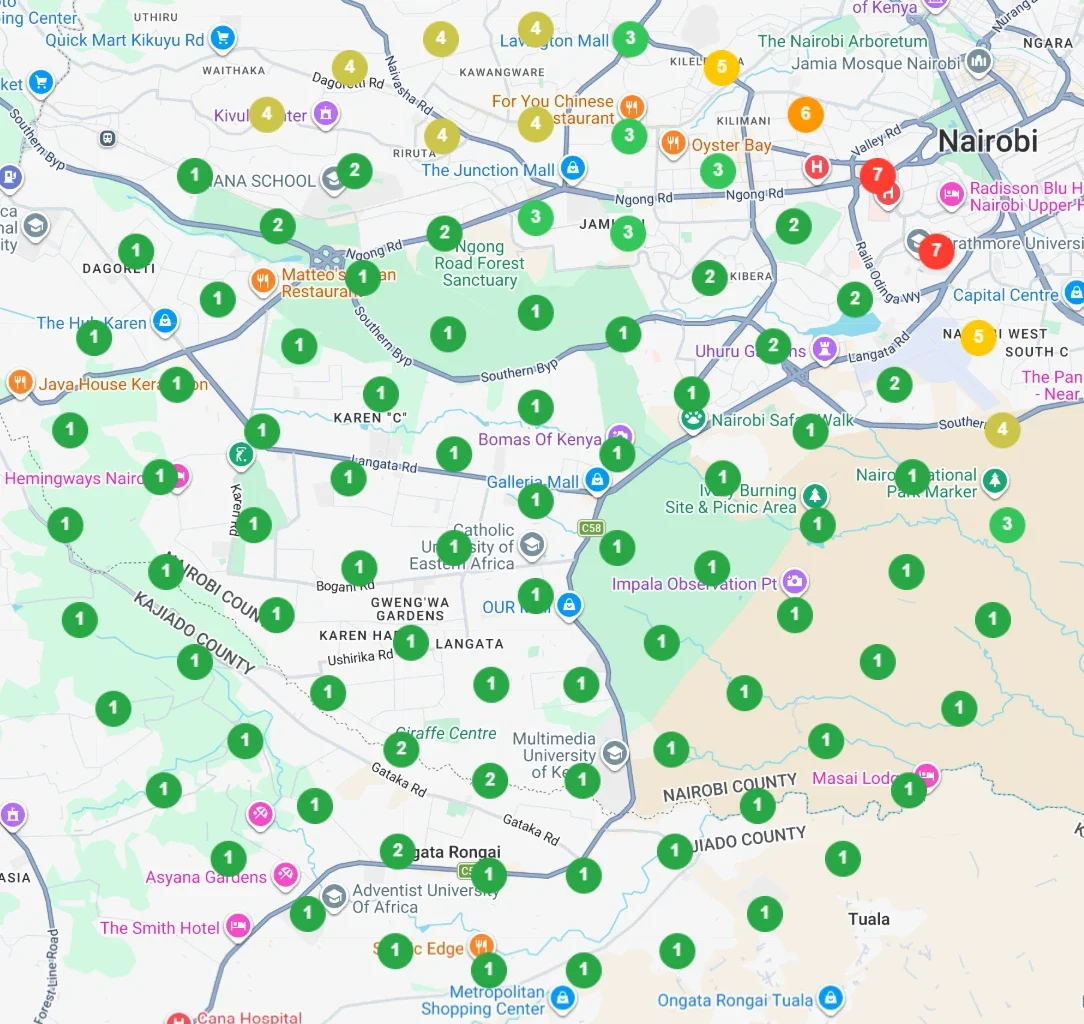 Google ranking scan for flooring services in nairobi. Nearly every checkpoint across south and west Nairobi, from Dagoretti and Karen to Langata and Ongata Rongai, ranks 1 to 3, most of them number 1. A few spots near the city centre rank 4 to 7.