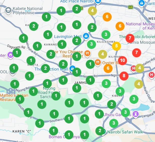 Google ranking scan for real estate agency in nairobi. Almost every checkpoint from Kabete and Lavington down to Karen and Bomas is green, ranking 1 to 3. The only weaker spots are a small cluster in the east around Kilimani.